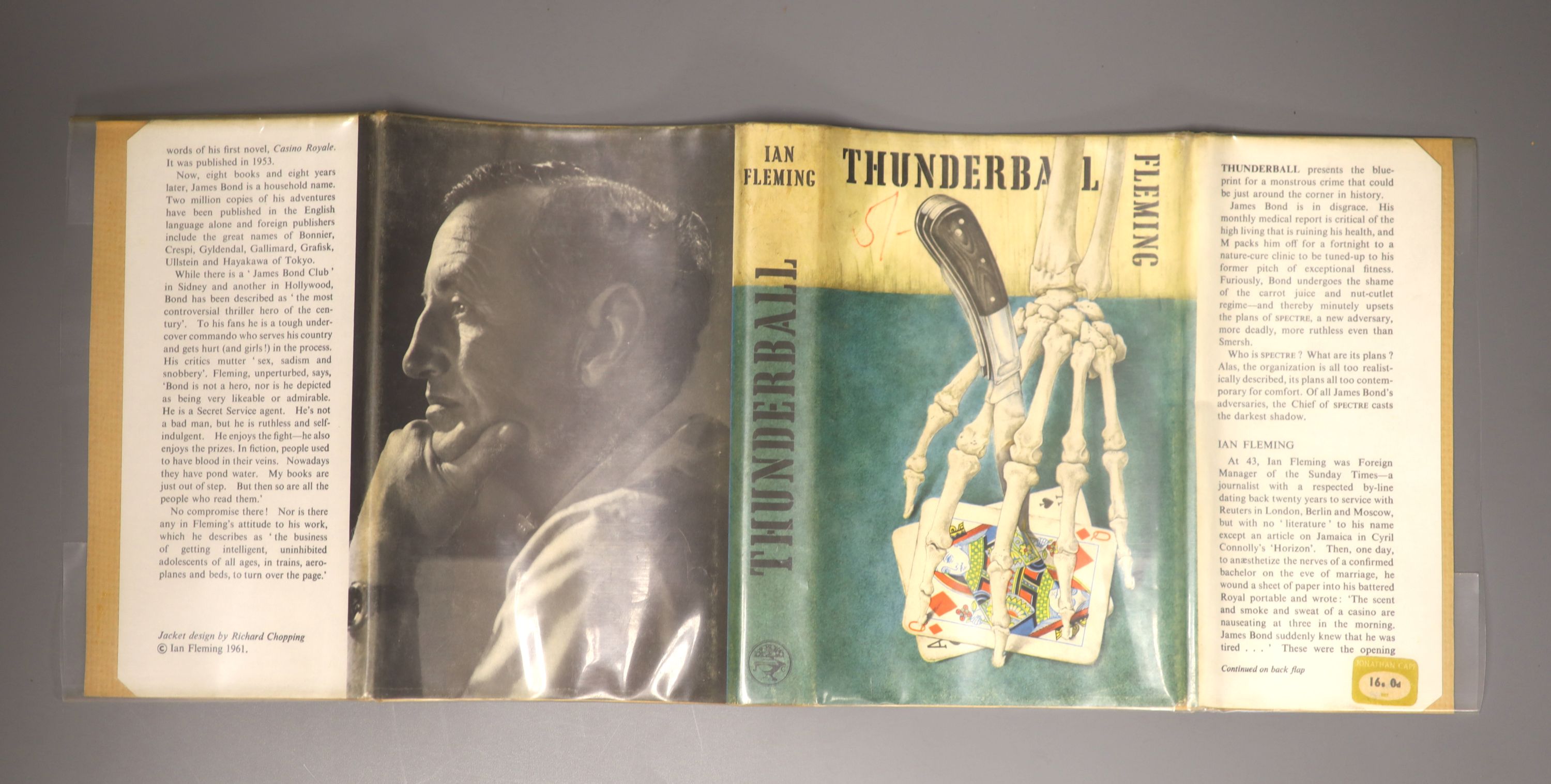 Fleming, Ian- Thunderball, 1st edition, original cloth, with unclipped d/j designed by Richard Chopping, front flap with later Jonathan Cape ‘’16s. 0d’’ sticker over 15s printed price, London, 1961